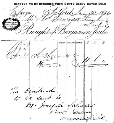 A document from Benjamin Joule's brewery dated 30th June 1854