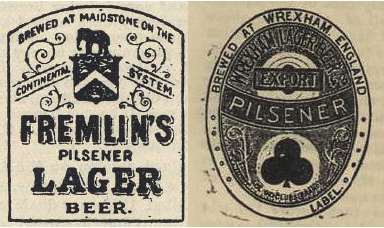 Two lager trade mark labels published in 1905. Note that that Wrexham
export label places the town in England.