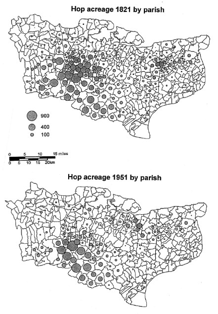 Hop acreage by parish, 1821 & 1851